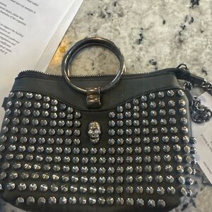 Skull Studded MW Black Leather Crossbody Bag w circle handles and leather chain